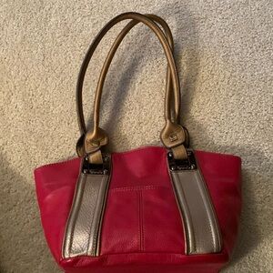 Tignanello Stylish Pebbled Red,Silver & Gold Stripes Genuine Leather ShoulderBag